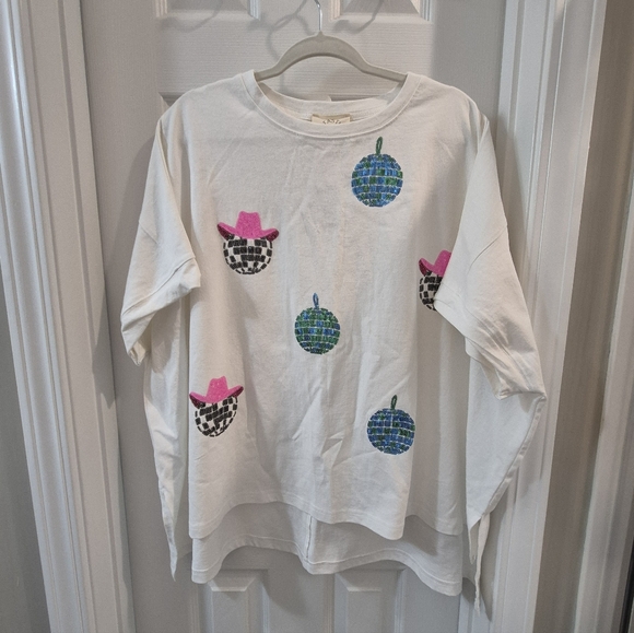 Fantastic Fawn White Short Sleeve Tee with Sequin Pink and Blue Cowboy Accents - Picture 1 of 4